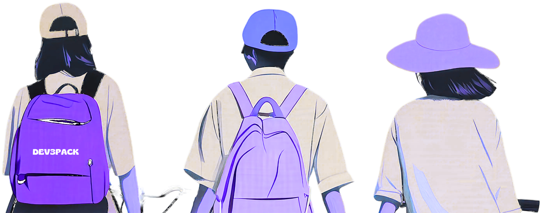 Three students with Dev3pack backpacks, seen from behind